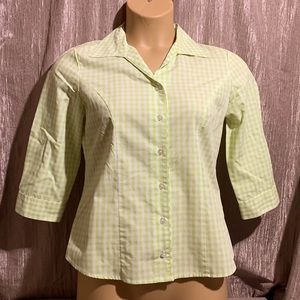 Christopher & Banks Top Blouse Gingham White Green S Light Weight Front Buttons